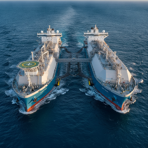 A high-end, professional full-color photograph of a modern vessel performing a ship-to-ship transfer at sea.