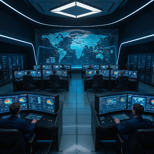 A high-end, professional full-color photograph of a state-of-the-art maritime operations control room.